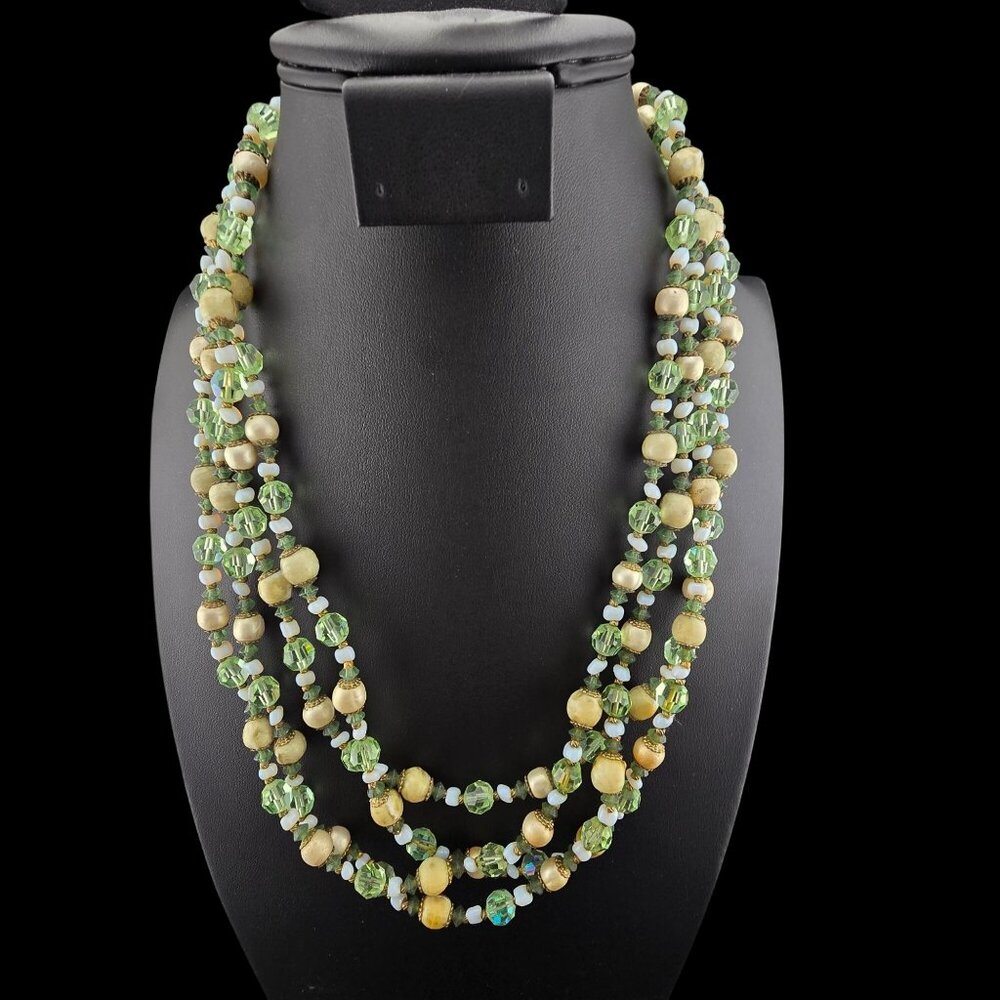 Multi-Strand Green & Cream Glass Bead Necklace Brass Clasp 44" Opera Easter - Picture 5 of 8